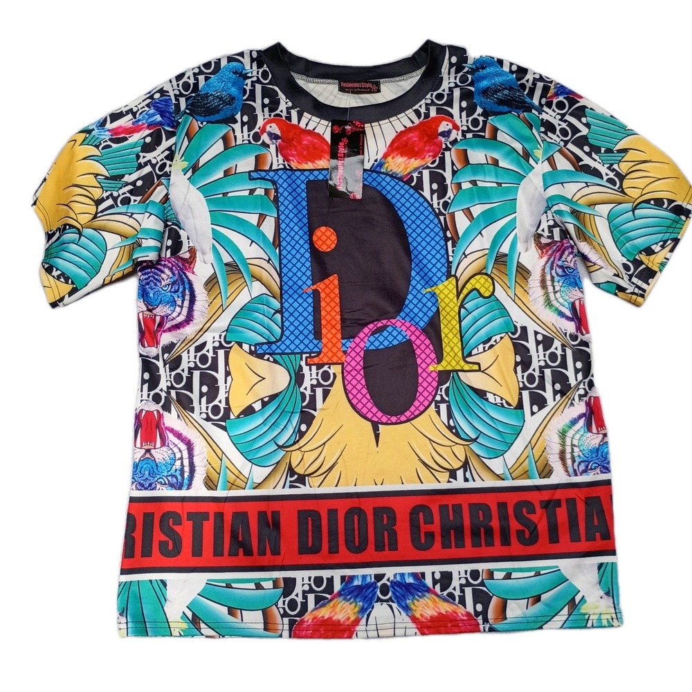Fashionist Style Women Colorful Tropical Bird Tiger Top Size L Short Sleeve New